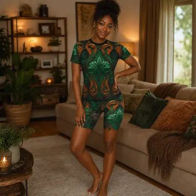 Women's Tropical Green Abstract Romper | Luxury One Piece Short Set | Boho Festival Outfit | Summer Vacation Outfit | Resort Wear | Casual Lounge Set