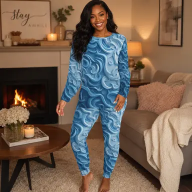 Women's Luxury Blue Marble Lounge Set | Soft Two-Piece Pajama Set | Elegant Matching Sweatshirt & Joggers | Cozy Luxury Loungewear