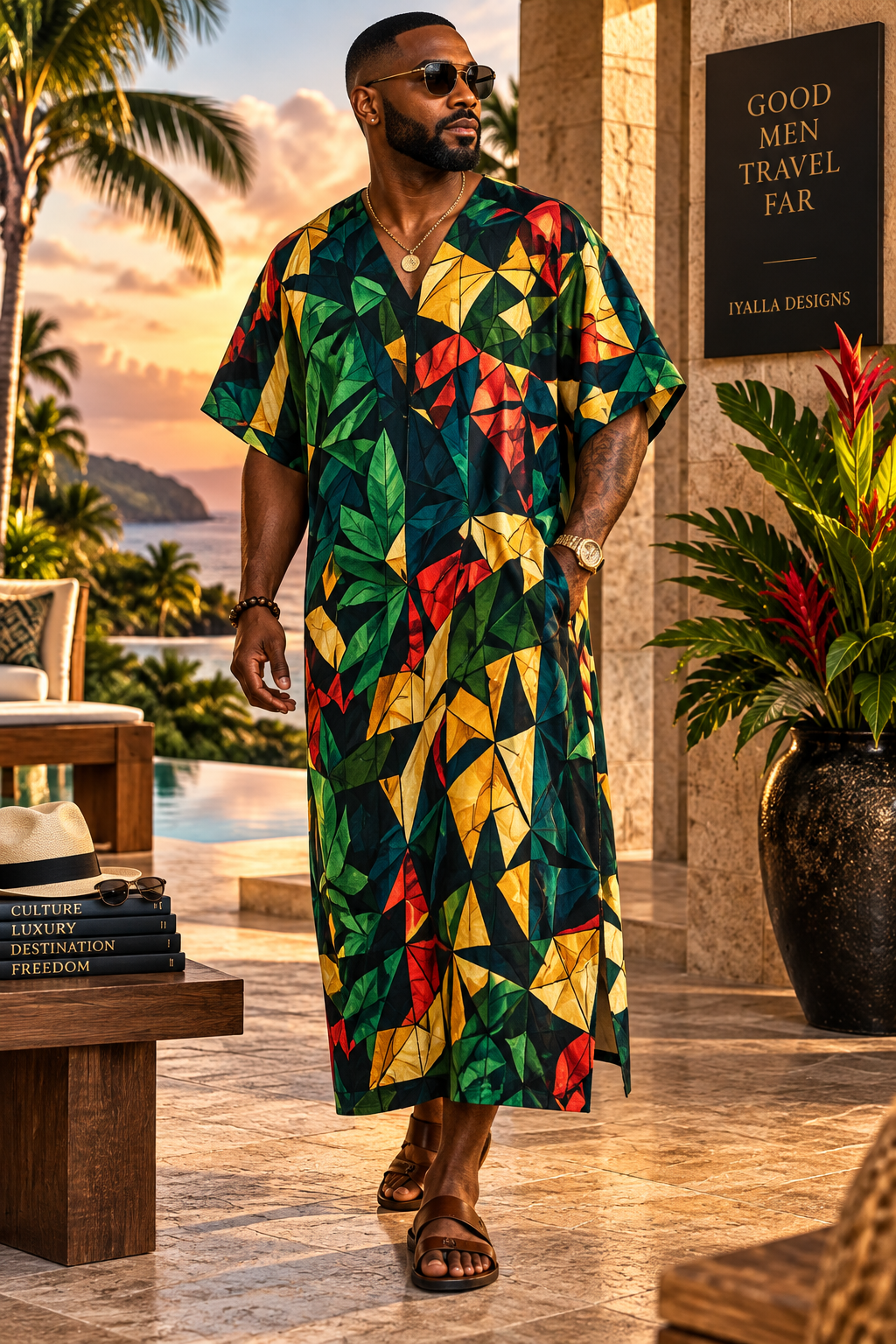 Men’s African Print Kaftan, Colorful Tropical Long Caftan, Green Gold Red Resort Wear, Men’s Statement Vacation Outfit, Luxury Cultural Fashion
