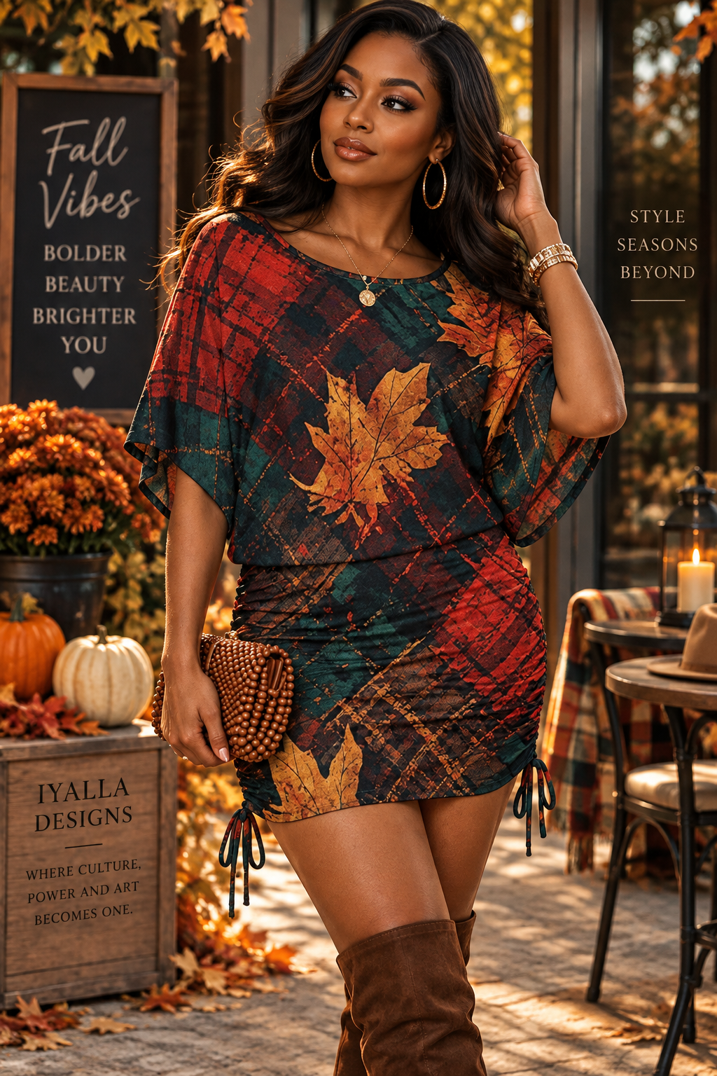 Women’s Fall Leaf Mini Dress, Ruched Autumn Print Dress, Plaid Maple Leaf Bodycon Dress, Long Sleeve Fall Party Dress for Women