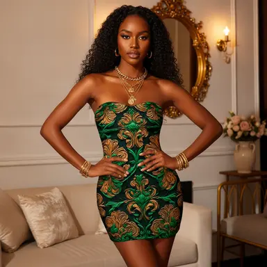 Green Gold African Print Mini Dress | Strapless Tribal Bodycon Dress | Elegant Evening Outfit | Afrocentric Statement Dress