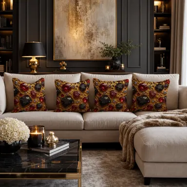 Ruby Royale Luxury Throw Pillow | Ruby and Black Diamond Accent Cushion | Gold Gem Decorative Pillow | Glam Living Room Decor | Luxury Home Accessories