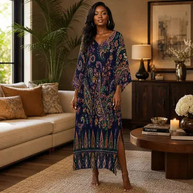Indigo Manor Luxury Kaftan Dress | Elegant Paisley Maxi Dress | Women's Boho Resort Caftan | Boutique Vacation Dress | Iyalla Designs