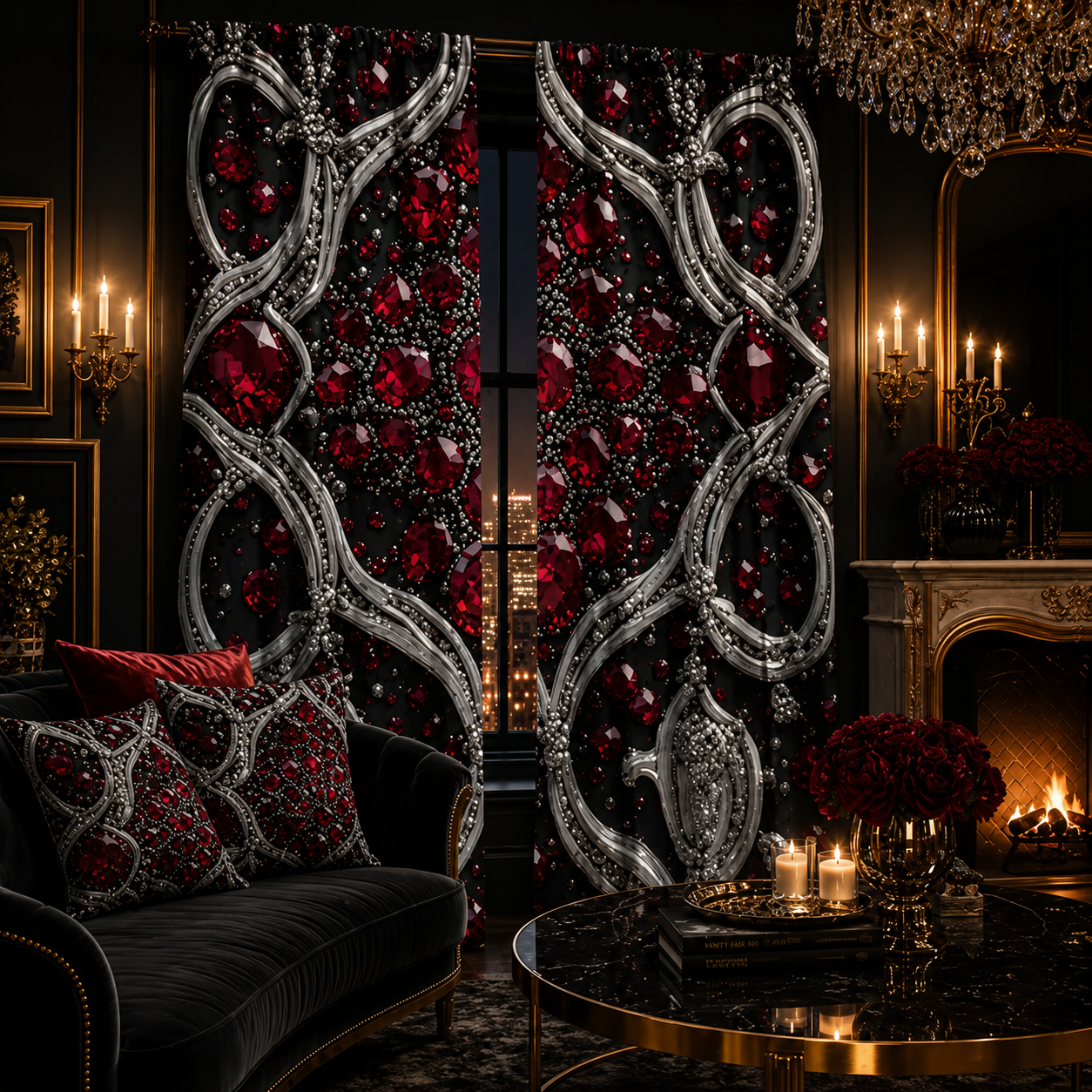 Luxury Ruby Gem Curtains | Gothic Glam Window Panels | Black Silver Red Jewel Curtains | Baroque Living Room Drapes | Elegant Luxury Home Decor