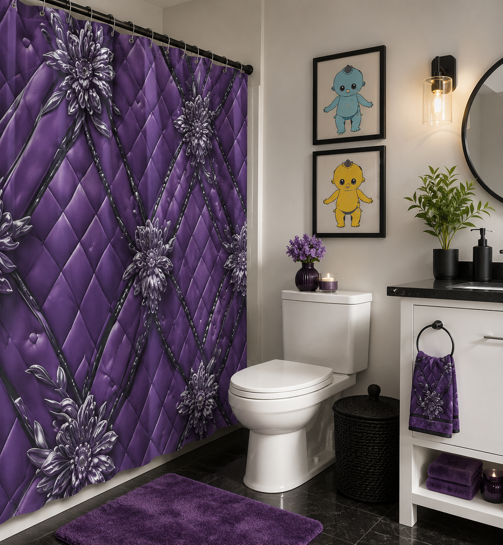 Luxury Purple Floral Shower Curtain | Modern Bathroom Decor | Elegant Violet Bath Curtain | Designer Bathroom Accessories | Iyalla Designs