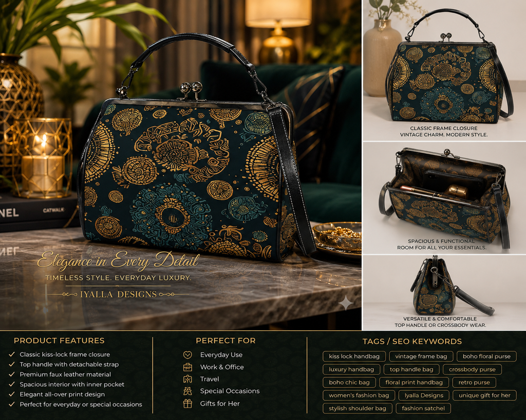 uxury Vintage Frame Handbag | Emerald & Gold Designer Purse | Elegant Top Handle Crossbody Bag | Women's Statement Handbag | Iyalla Designs