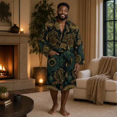 Men's Luxury African Print Robe | Premium Spa Bathrobe | Blue Gold Designer Lounge Robe | Elegant Men's House Coat | Iyalla Designs