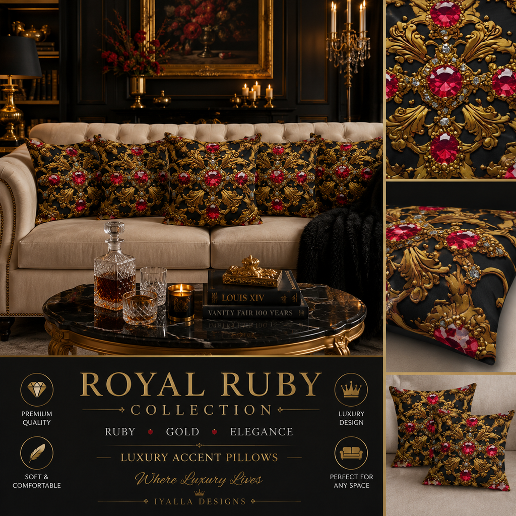 Royal Ruby Luxury Throw Pillow | Ruby Gem Accent Cushion | Black Gold Baroque Decorative Pillow | Elegant Home Decor | Luxury Living Room Pillow