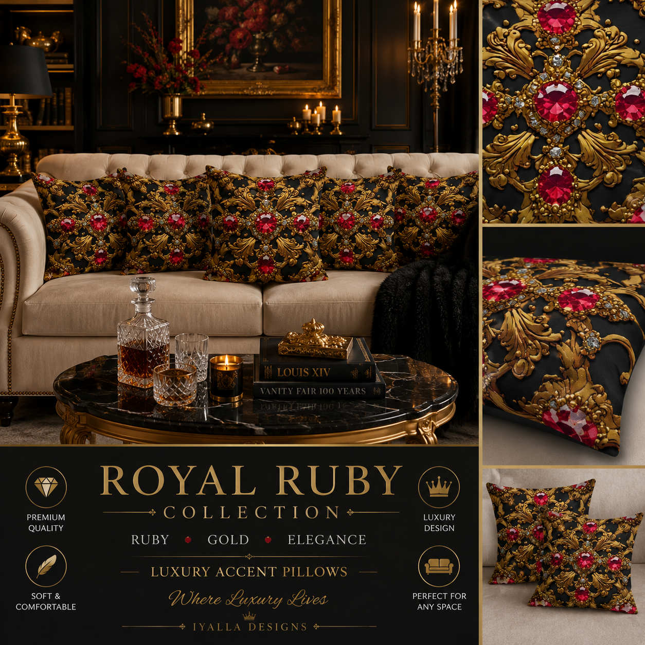 Royal Ruby Luxury Throw Pillow | Ruby Gem Accent Cushion | Black Gold Baroque Decorative Pillow | Elegant Home Decor | Luxury Living Room Pillow