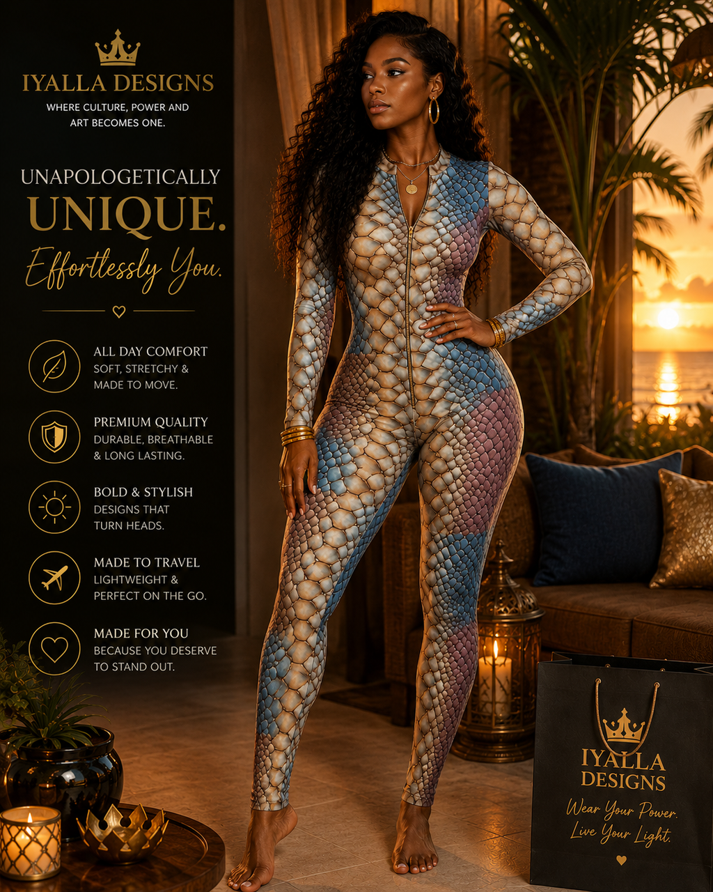 Luxury Snakeskin Catsuit | Women's Bodycon Jumpsuit | Gold & Blue One Piece | Long Sleeve Statement Outfit | Resort Evening Wear | Designer Fashion