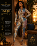 Luxury Snakeskin Catsuit | Women's Bodycon Jumpsuit | Gold & Blue One Piece | Long Sleeve Statement Outfit | Resort Evening Wear | Designer Fashion