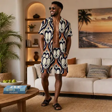 Men's Luxury Resort Lounge Set | Geometric Matching Shirt & Shorts | Modern Vacation Outfit | Designer Summer Co-Ord | Iyalla Designs