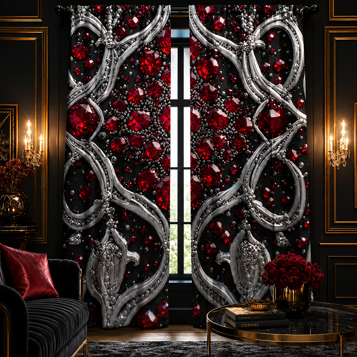 Luxury Ruby Gem Blackout Curtains | Red Jewel Window Panels | Gothic Glam Home Decor | Silver Baroque Curtain Panels | Elegant Living Room Drapes
