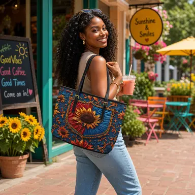 Sunflower Tote Bag, Floral Shoulder Bag, Blue Gold Boho Tote Purse, Large Everyday Carryall, Gift for Her, Cottagecore Bag