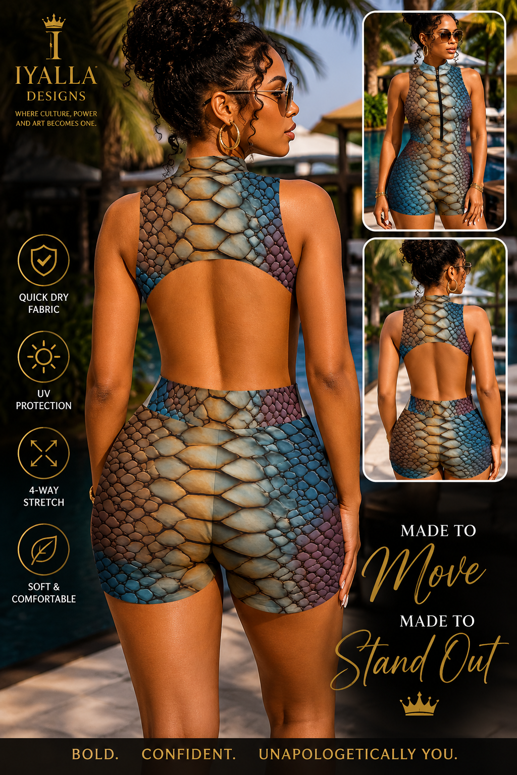 Women's Sleeveless Zip Front Romper, Open Back One Piece Shorts Outfit, Blue Tan Abstract Scale Print, Summer Resort Activewear
