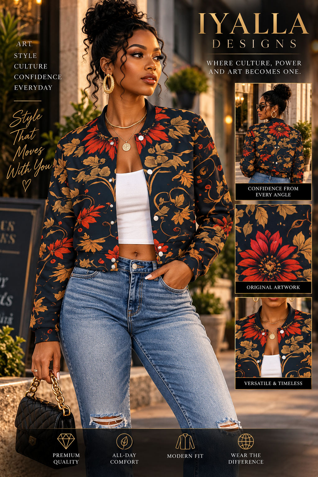 Women’s Floral Cropped Jacket, Navy Red Gold Botanical Bomber Jacket, Autumn Statement Jacket, Women’s Artistic Fall Outerwear