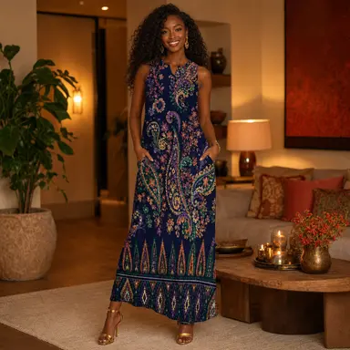 Indigo Manor Sleeveless Maxi Dress | Luxury Paisley Resort Dress | Elegant Boho Vacation Dress | Boutique Summer Maxi | Iyalla Designs