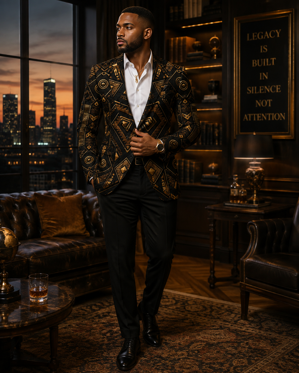 Tim Black Gold African Inspired Blazer, Luxury Men’s Statement Jacket, Elegant Geometric Print Suit Jacket, Men’s Formal Fashion