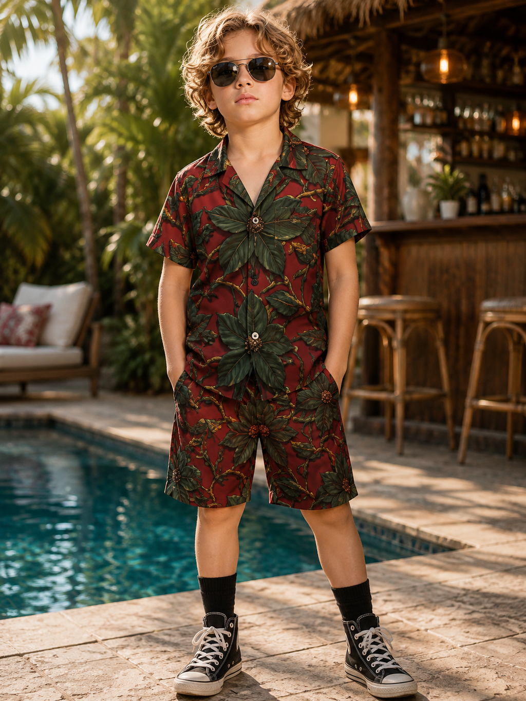 Boys Botanical Shirt & Shorts Set | Red & Green Floral Kids Resort Outfit | Matching Vacation Two Piece | Iyalla Designs