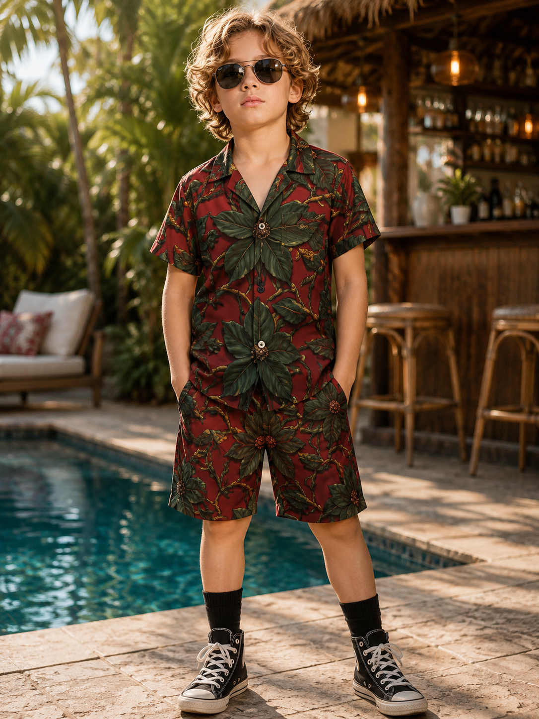 Boys Botanical Shirt & Shorts Set | Red & Green Floral Kids Resort Outfit | Matching Vacation Two Piece | Iyalla Designs