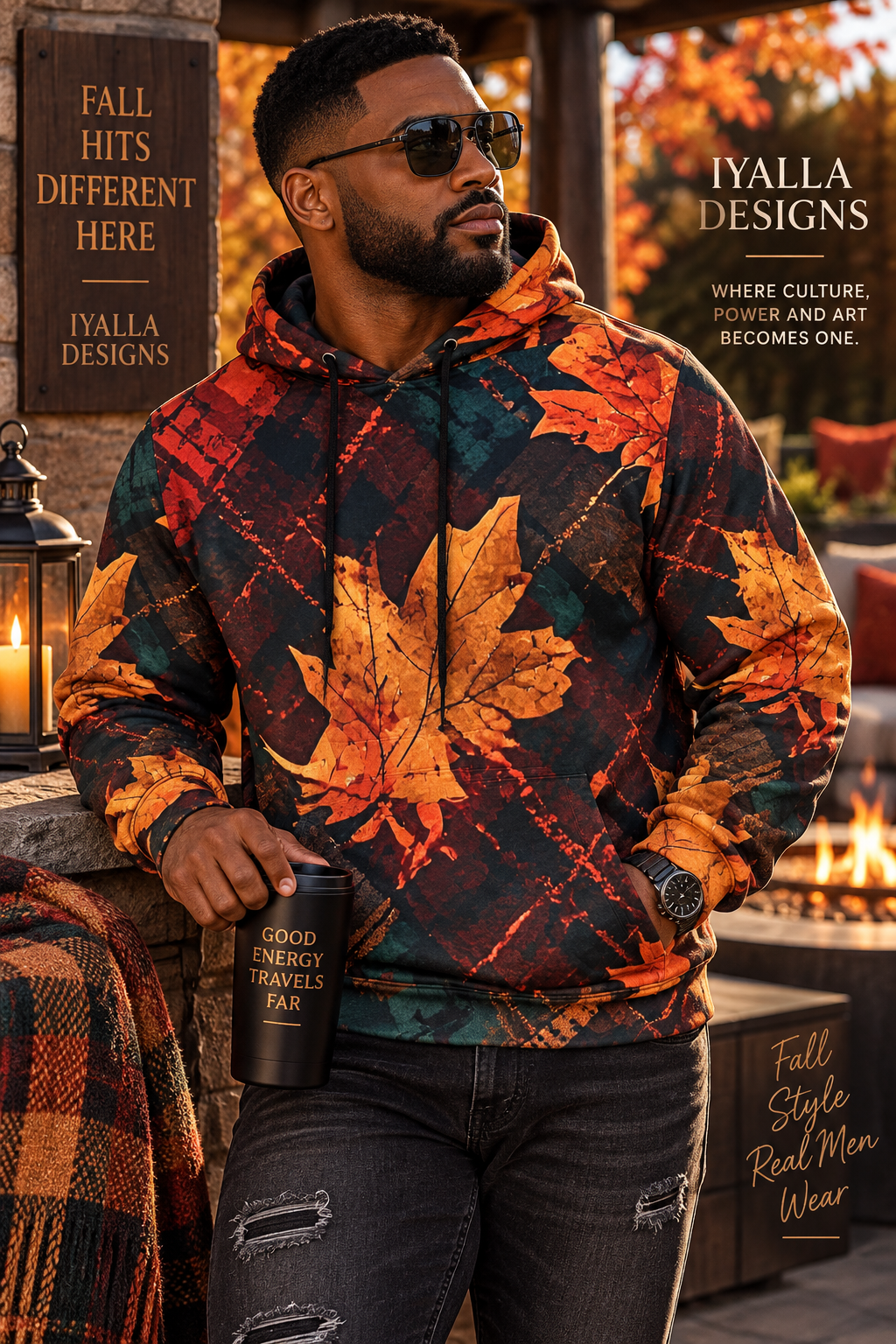 Men’s Fall Leaf Hoodie, Autumn Print Pullover Sweatshirt, Dark Green Orange Hoodie, Artistic Fall Streetwear, Men’s Statement Hoodie
